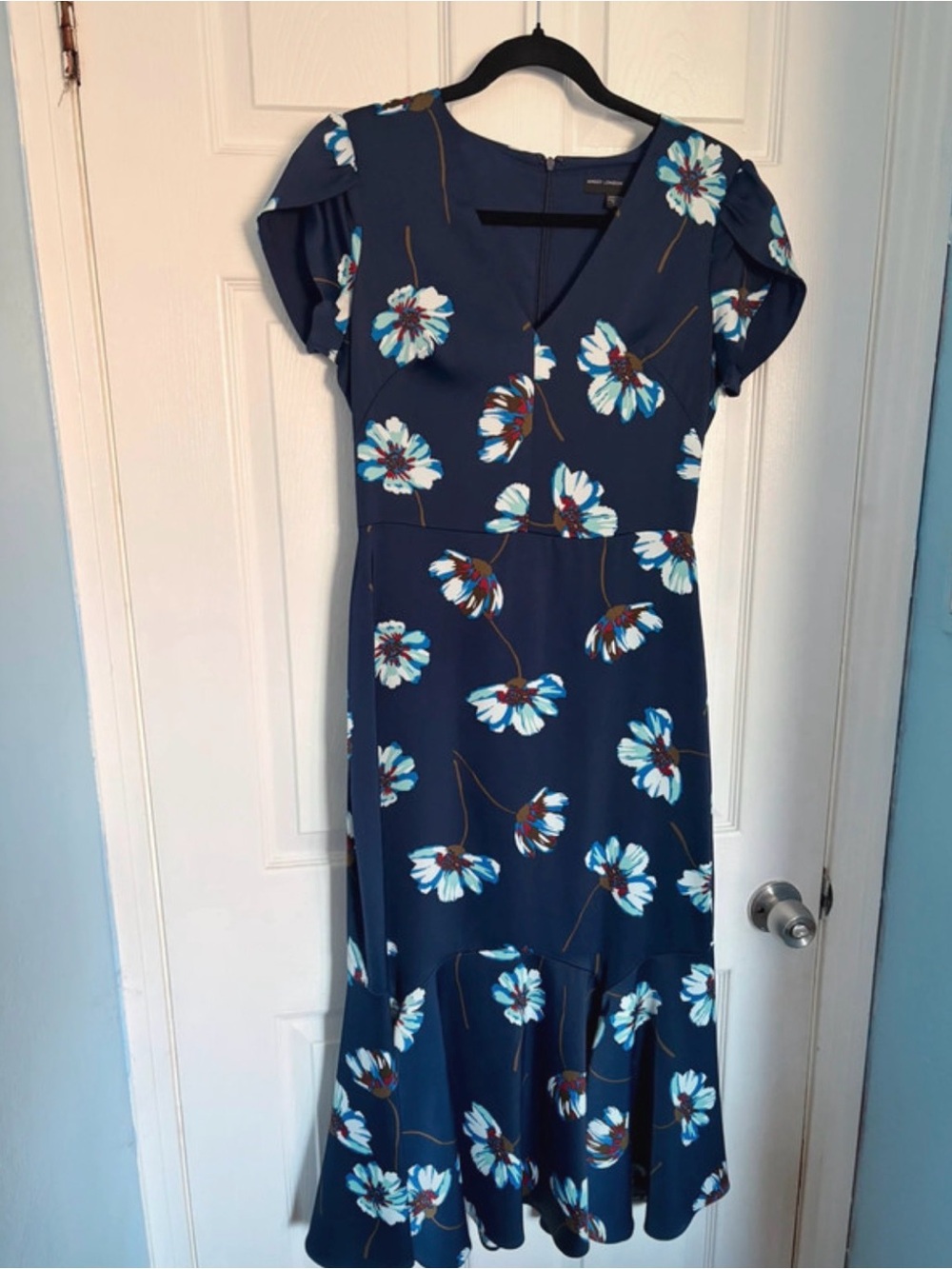 Maggy London Navy Floral Midi Dress with Teal and White Blooms